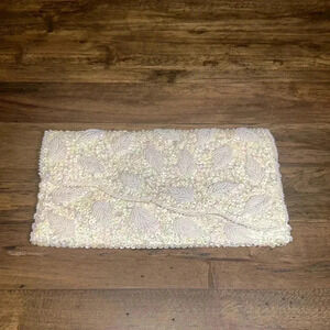 Vintage Hong Kong ADG beaded & sequins cream off white Clutch Purse bag prom